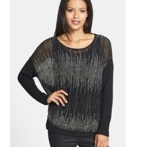 Eileen Fisher Black White Blurred Lines Washable Wool & Linen Box Top‎ Sz M